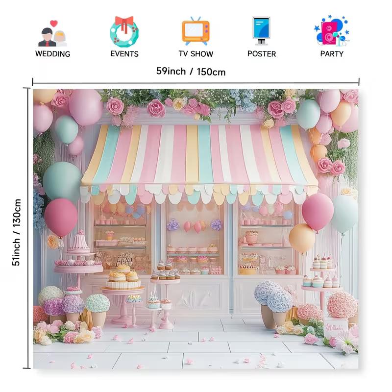 2D Cute Dessert Shop Backdrop, Pastel Macaron Photography Background