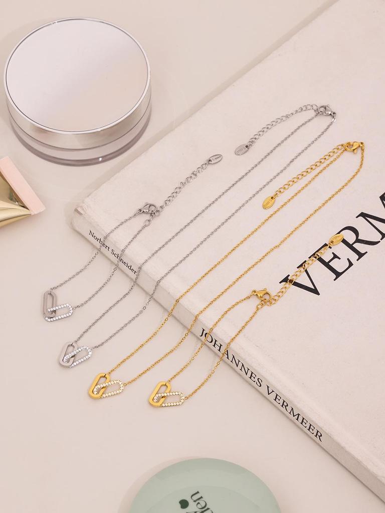 Qiong Yao Minimalist Zircon Stainless Steel Double Ring Necklace Bracelet Set - No Fading.