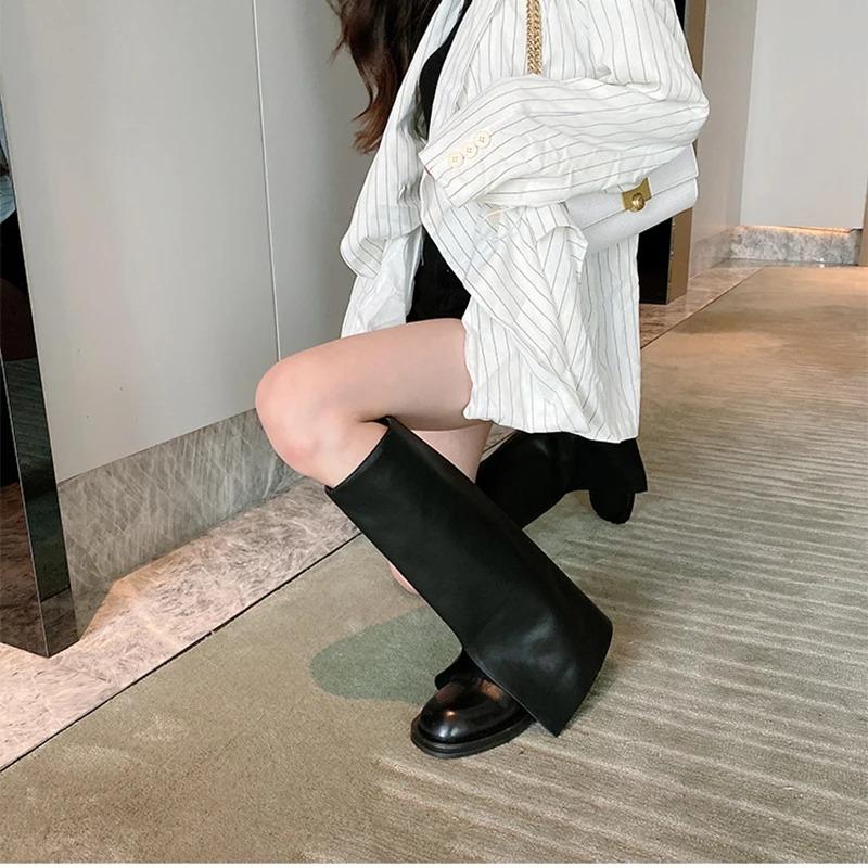 Autumn Winter Women Trouser Legs High Boots Fashion Slip On Round Toe Shoes Low Heel Ladies Knight Long Booties