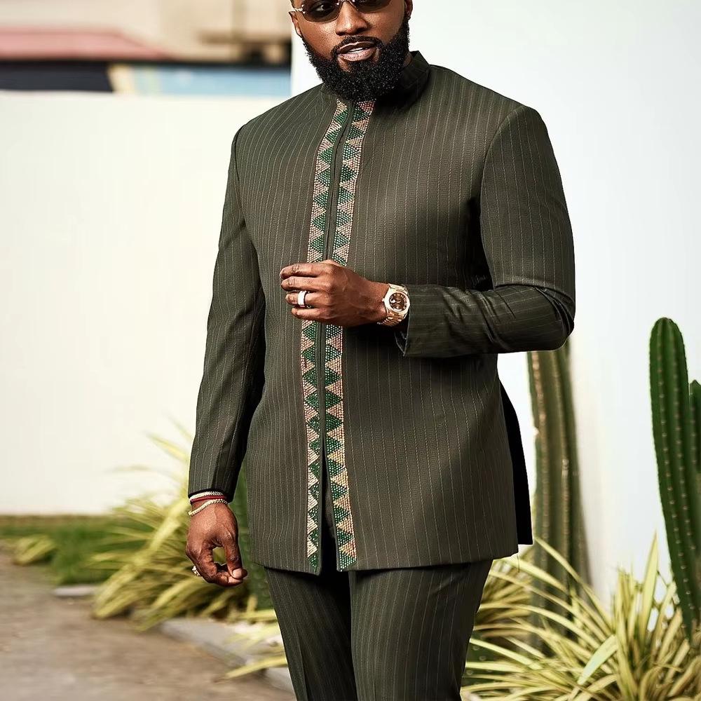 

2025 Men s Fashionable Ethnic Embroidery Two-Piece Suit XXXL оливковое зеленый