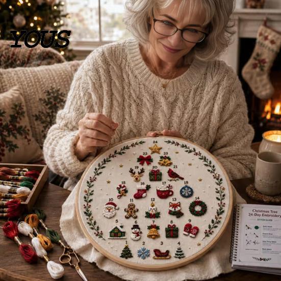 Holiday Sewing Project Kit 24 Days Christmas Tree Embroidery Kit, DIY for Beginners, Handmade Indoor Crafting Hobby Material Pack with Full