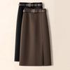 Coffee-colored Retro Wool A-line Midi Skirt, Women's Autumn/Winter 2025, Suit-style with Slit and Hip-hugging Fit