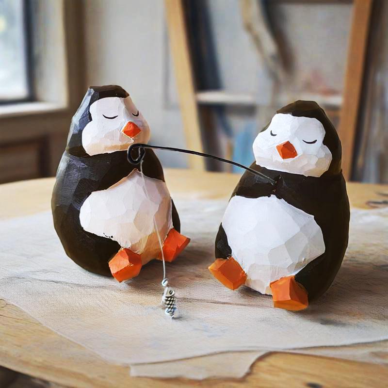 Hand-Carved Solid Wood Fishing Penguin Ornament – Cute Wooden Penguin Decoration