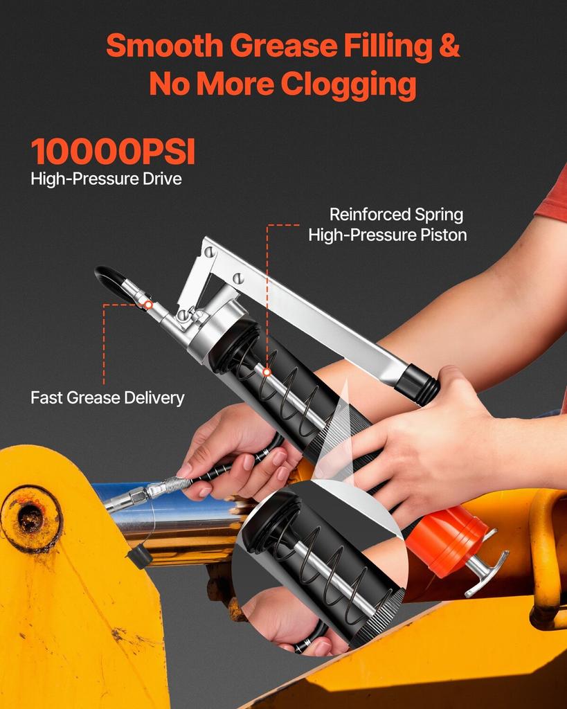 Grease Gun, 10000 PSI High Pressure, Heavy Duty Pistol Grip Grease Gun Kit with 0.4 L Capacity, Includes 46 cm Flex Hose, 1 Extension Rigid Pipe and 1