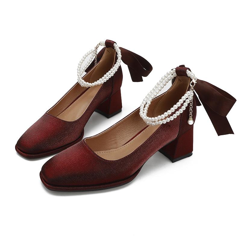 

Korean version of pearl beaded ribbon high heels fairy style middle heel Mary Jane shoes women s square head thick heel temperament grandma shoes 40 бордовий