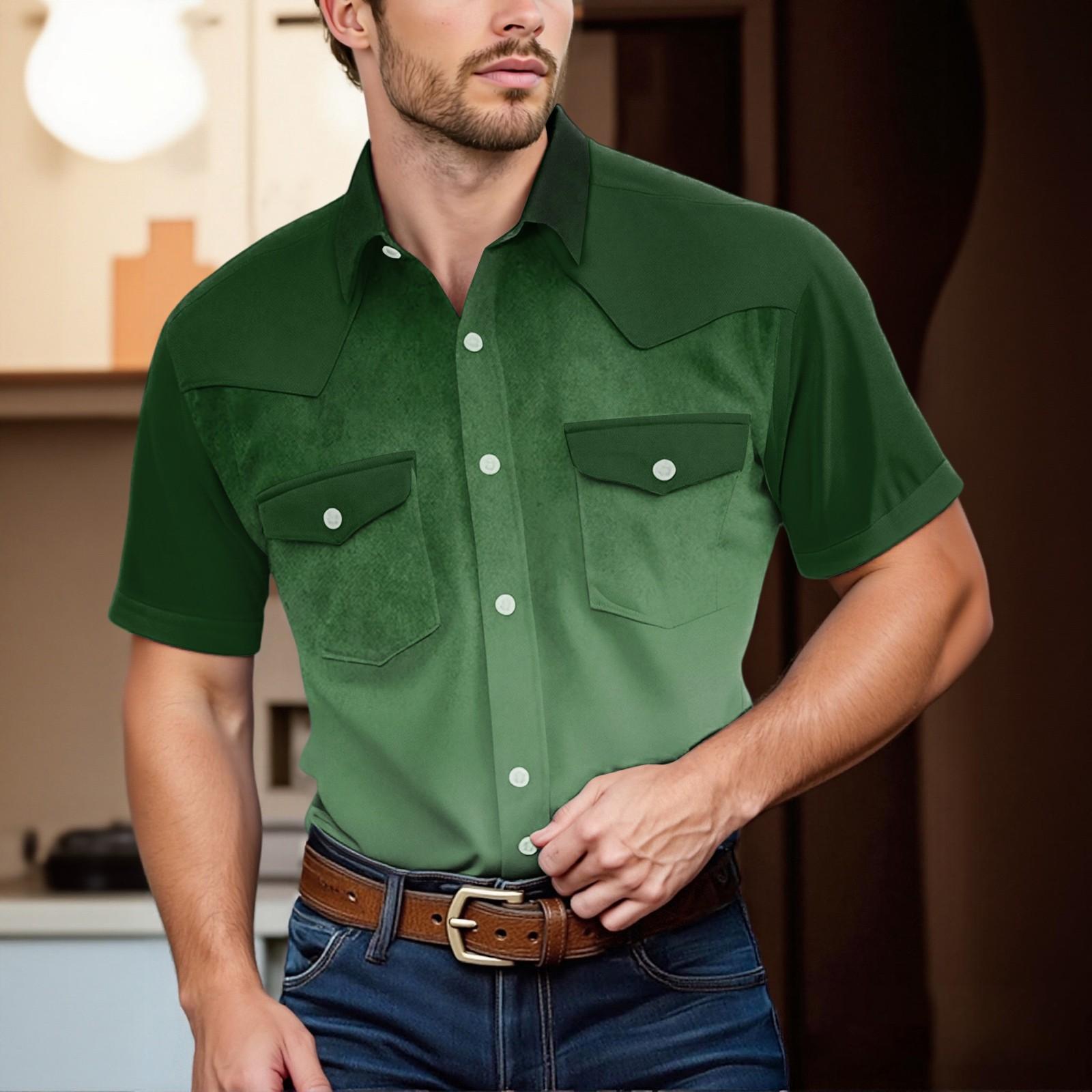 

Мужской модный топ кэжуал с короткими рукавами, лацканами и длиной до плеч L зелёный