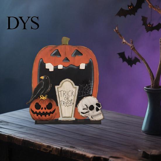 Rustic Style Holiday Ornaments Halloween Wooden Pumpkin Skull Crow Tombstone Ornament, Retro DIY Tabletop Centerpiece, Creative Split Set for