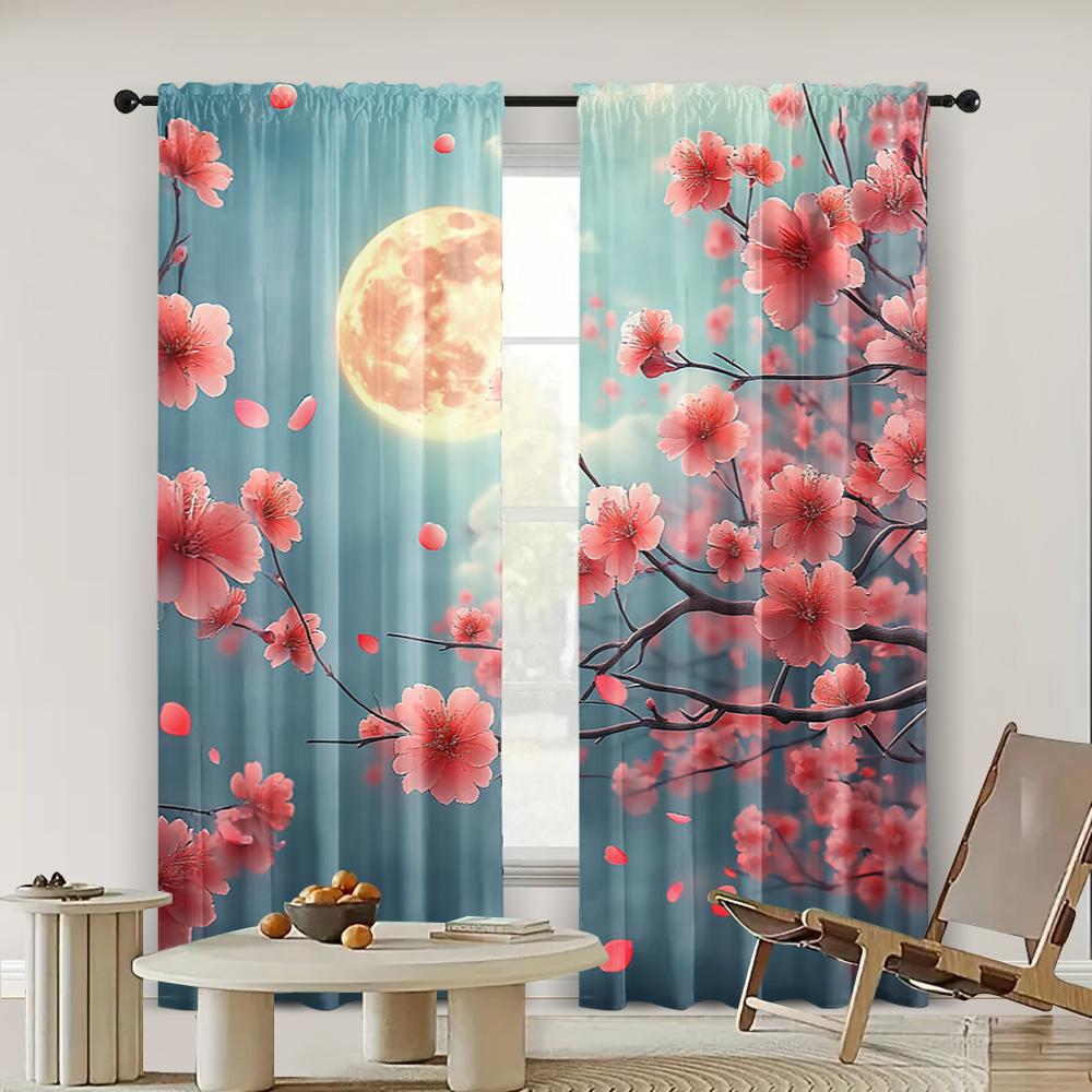2pc, Party Curtains Cherry tree blue sky sun petals Machine Washable Polyester,Without Electricity Party Decorations Use for