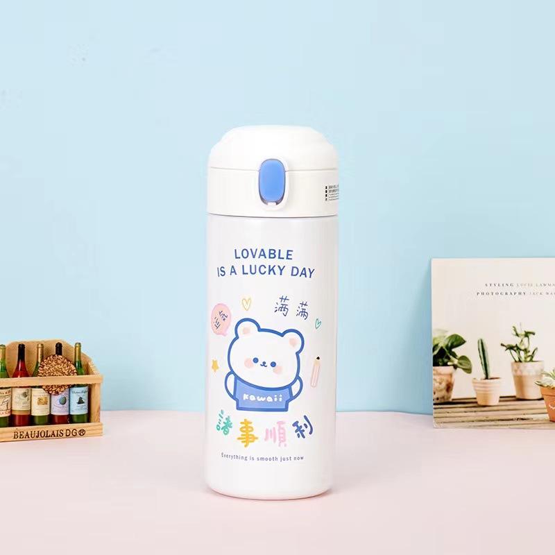 380ml Cute Cartoon Thermos Cup Stainless Steel Bouncing Cover Straw Mini Vacuum Flask Outdoor Water Bottle