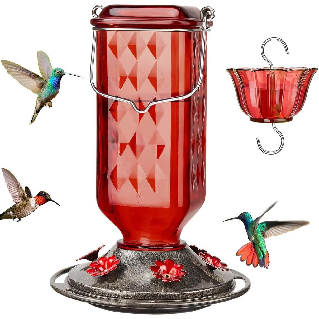Glass Hummingbird Feeder for Outdoor Hanging, 24 Ounces, 6 Feeding Ports, Bird Nectar Feeder for Garden Décor, Ant Moat Included, Turquoise