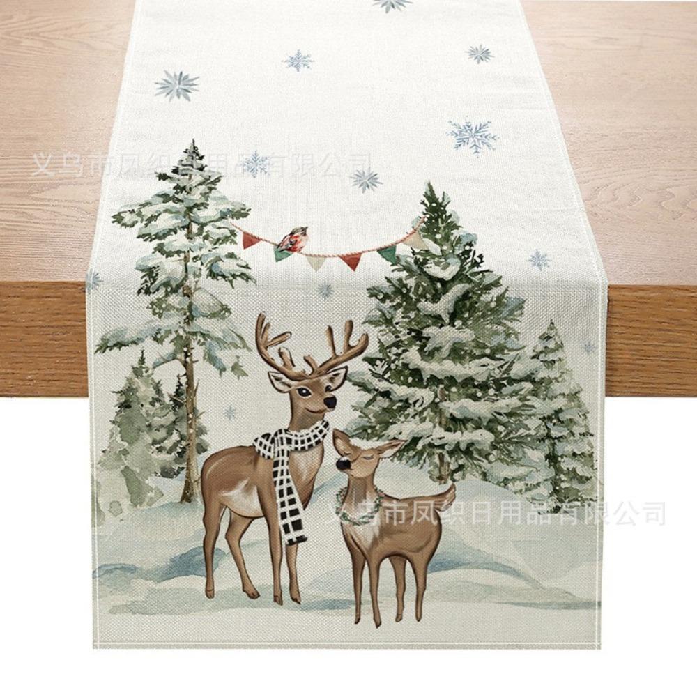 Christmas Table Runner Winter Snowman Santa Print Dining Table Mat for Holiday Decor