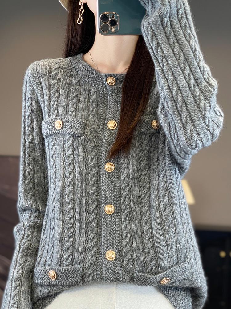 100% Wool Women's French Cable Knit Cardigan - Autumn/Winter Retro Short Aran Tweed Jacket