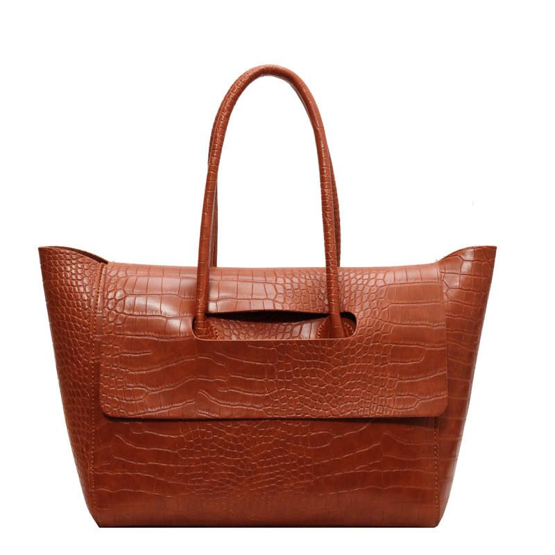 Color Simple Solid Crocodile Texture Women Large Capacity Shoulder Bag Tote