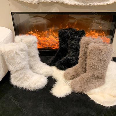 Winter New Women's Faux Fur Furry Snow High Boots Warm Padded Round Toe Casual Shoes Solid Fluffy Mid-Calf Booties for Women