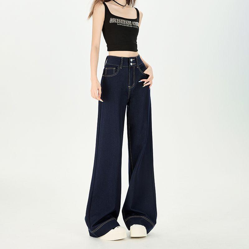 Spring Summer Wrinkle Resistant Four Way Stretch Non Cling Double Button Micro Flare Wide Leg Denim Pants Ladies Casual Pants Oversize Denim Trousers