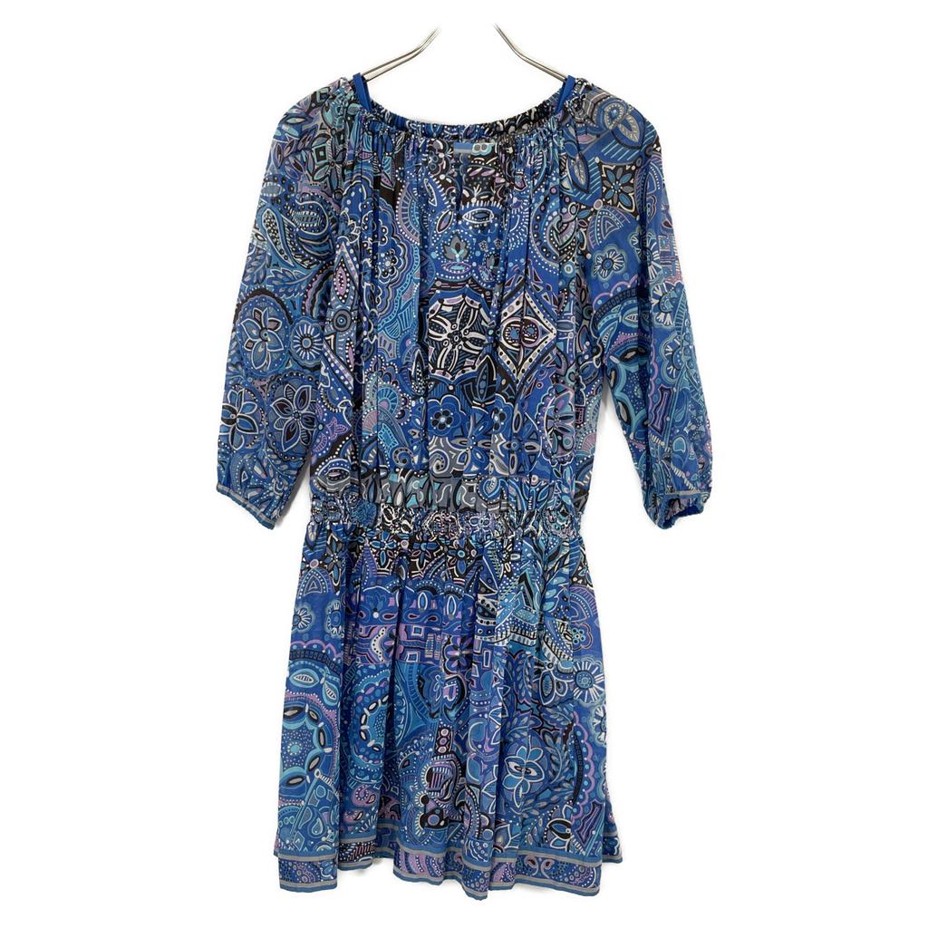 LEONARD 0330815 Blue Cotton Paisley All-Over Pattern Half Sleeve Gathered One Piece Dress 36 blueUsed