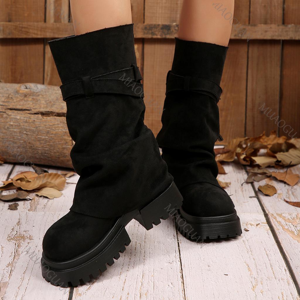 Spring Autumn New Round Toe Mid-Calf Boots Chunky Platform Buckle Strap Retro Western Plus Size Chunky Heels Women's Booties