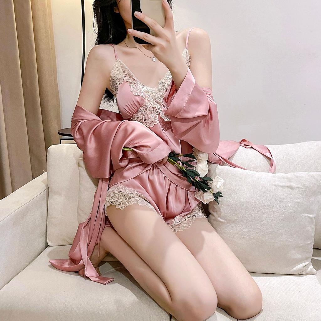 New women's summer ice silk pajamas sexy chest pads spring and autumn suspenders Internet celebrity shorts two-piece loungewear set