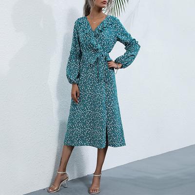 Autumn and Winter Fashion Women's Clothing Lotus Leaf Collar Long-sleeved Floral Dress Women