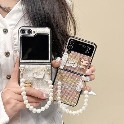 Bear Mobile Phone Case Flip Foldable Mobile Phone Case for Samsung Zflip4 Pearl Hand Chain 5 Heart Xflip