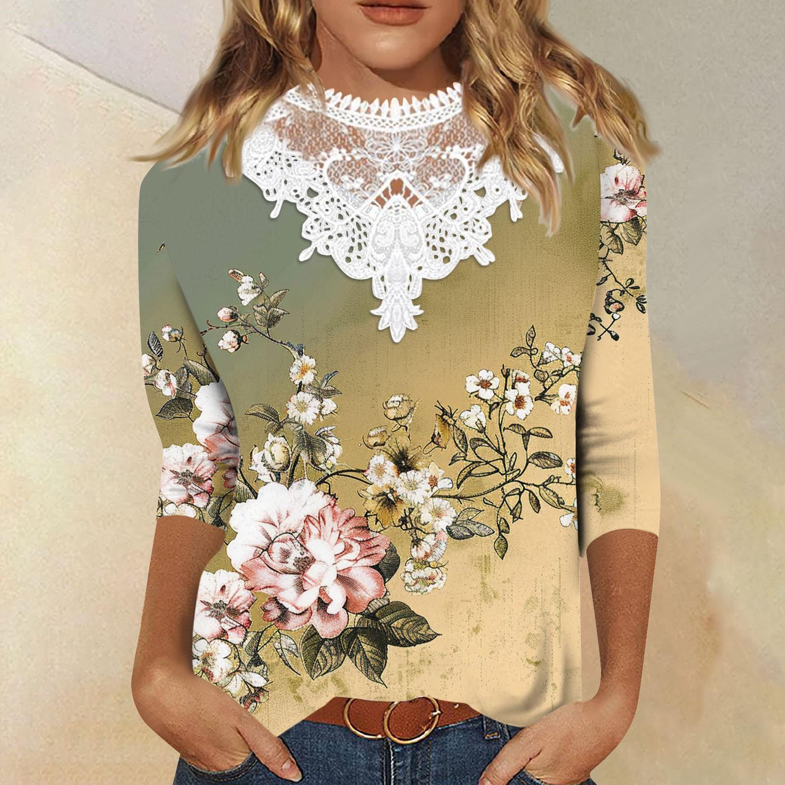 

Женские топы с рукавом 3/4, повседневные свободные кружевные футболки с v-образным вырезом, милые топы-туники длиной три четверти с цветочным принтом в стиле ретро XL жёлтый