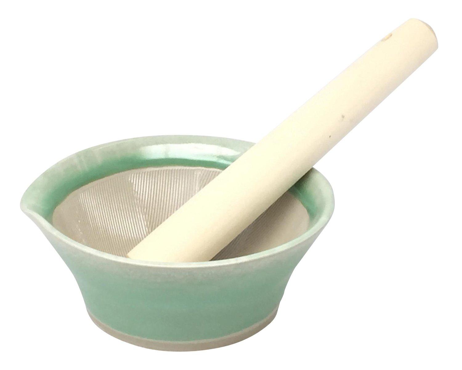 

Motoshige Pottery Iwami Ware Mortar and Pestle Set Suitable for Baby with Silicone and Made in Product 046241 (Light Green), Food, Bottom, Non-Slip,