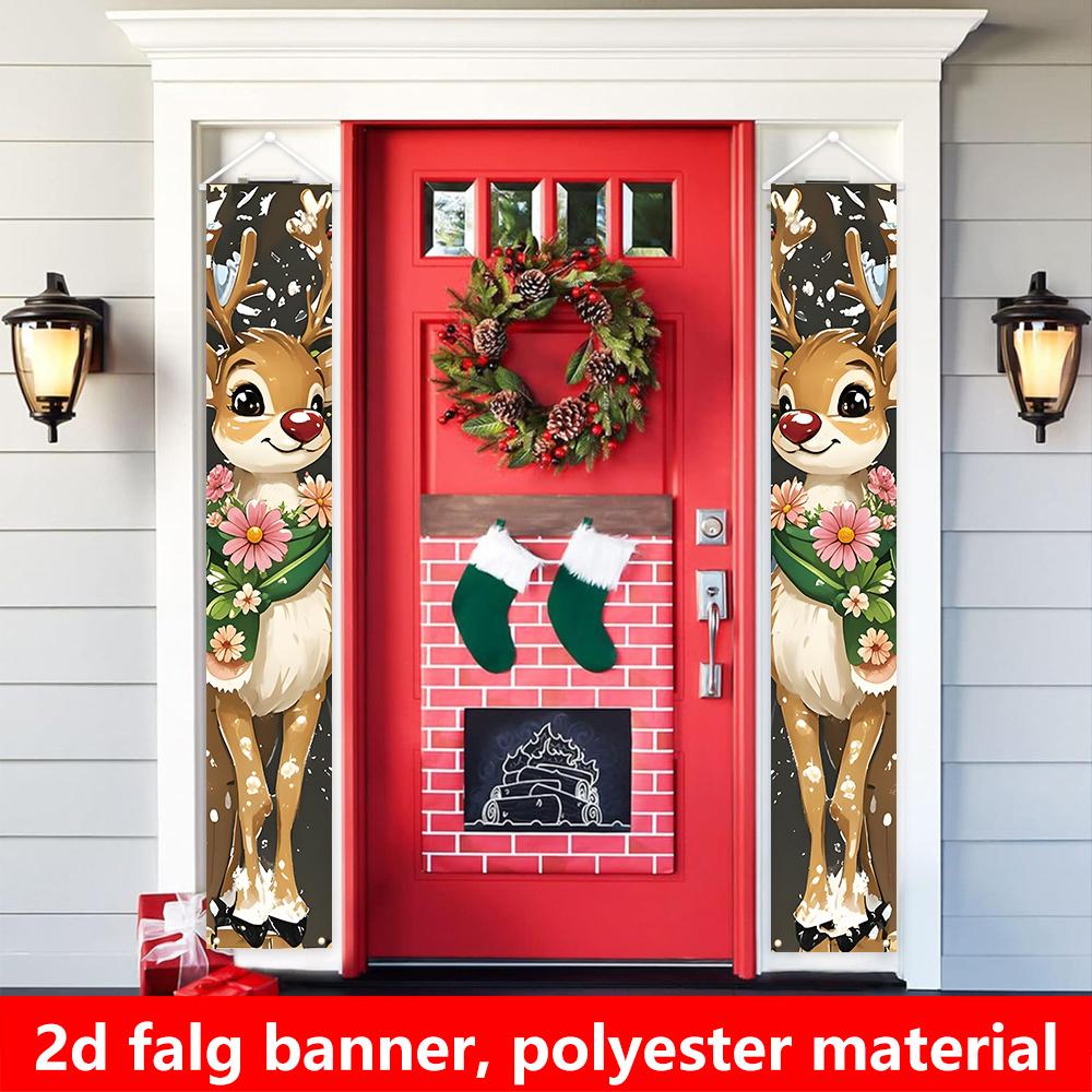 2D Flat, 2pcs Chinese New Year & Christmas Couplet Banner Decorations - Reindeer Couplets with Traditional Calligraphy, Horizontal Banner Suitable for