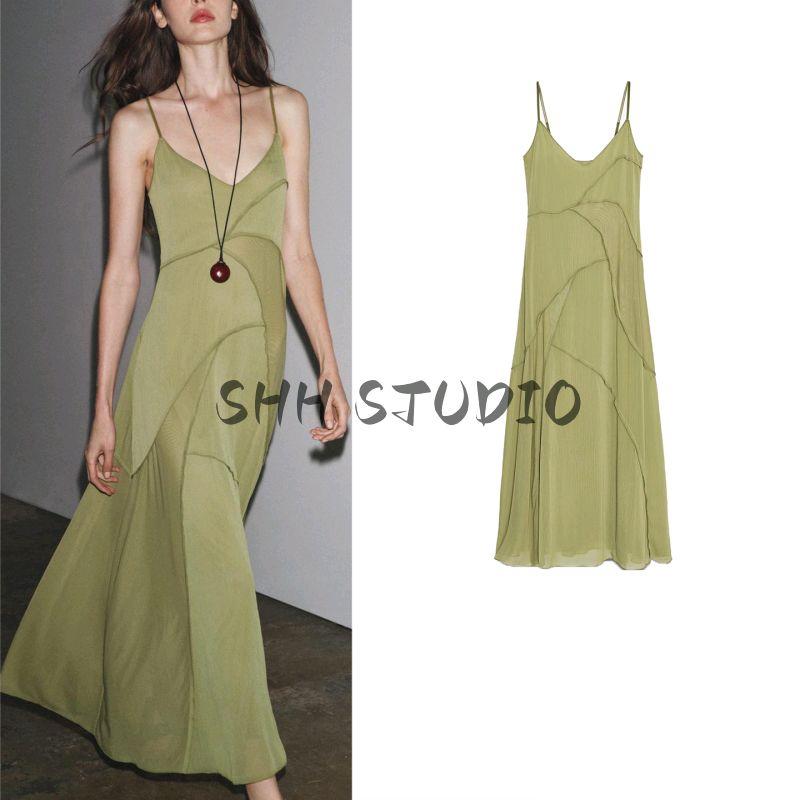 New Fall Women's Clothing French Style V-neck Fashion Draping Effect Splicing Sling Long Dress 1223453