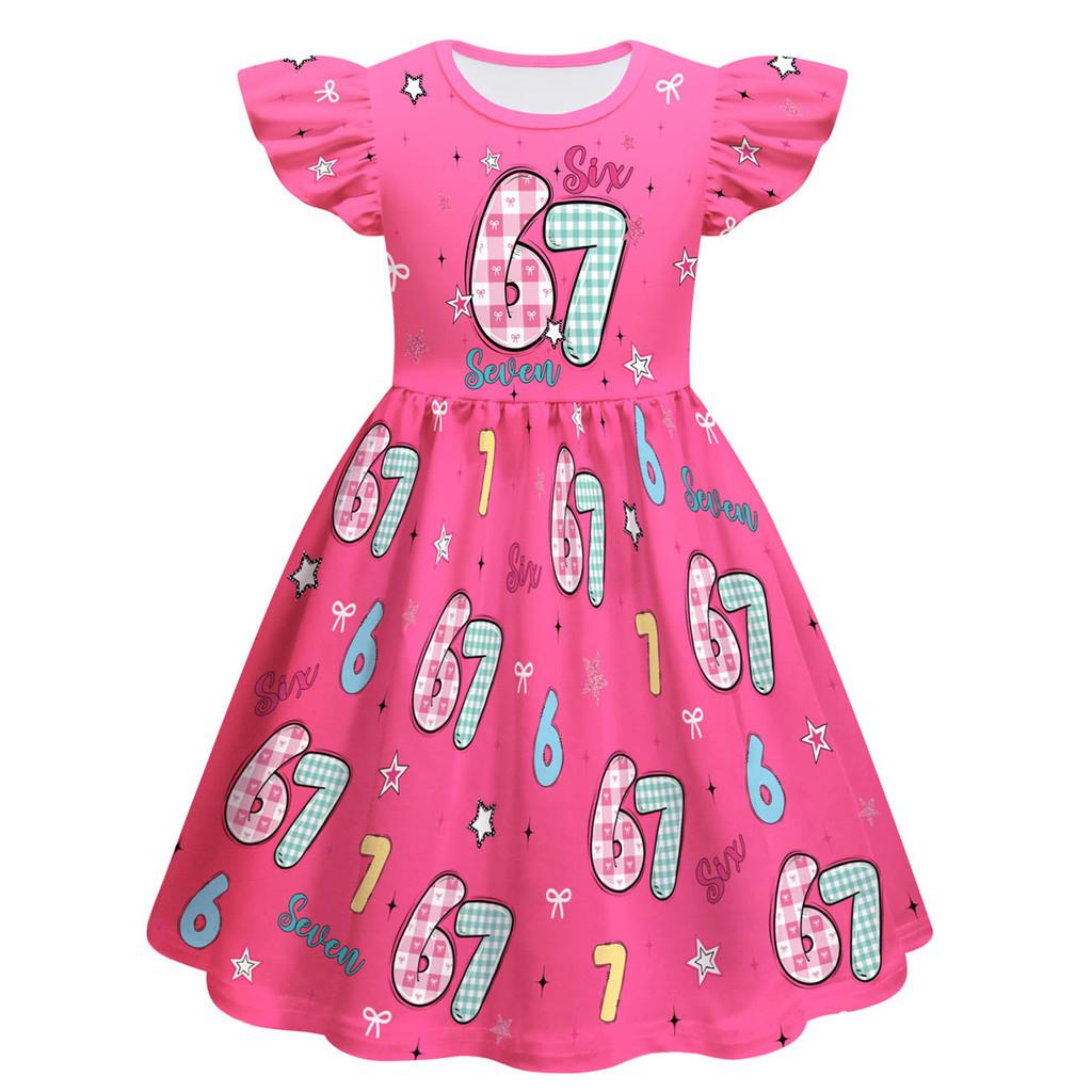 82837 Kinder Mädchen Steal a Brainrot 67 Six Seven Print Rüschen Ärmellos Prinzessinkleid