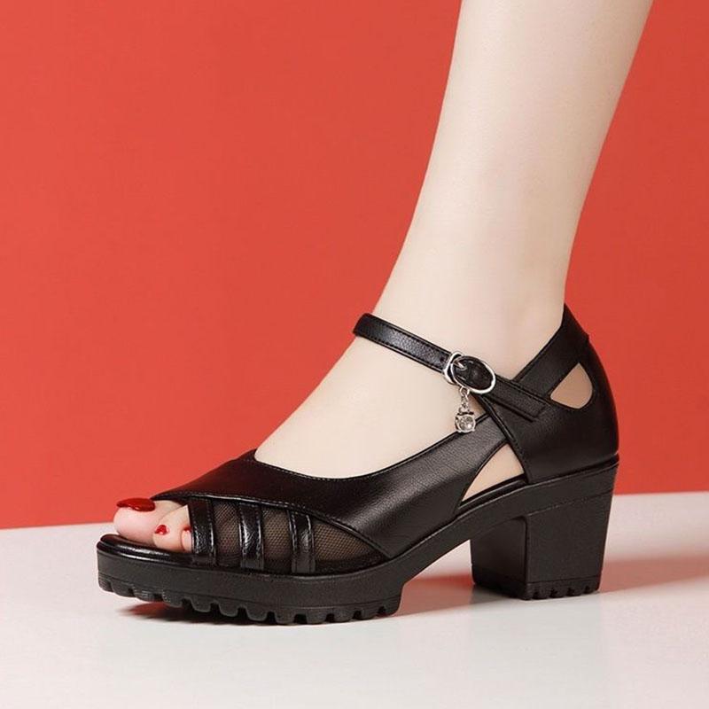 Leather Sandals Women's Mid-heel Thick-heel Fish Mouth Mesh Work Shoes Non-slip All-match Comfortable C Black Sandals