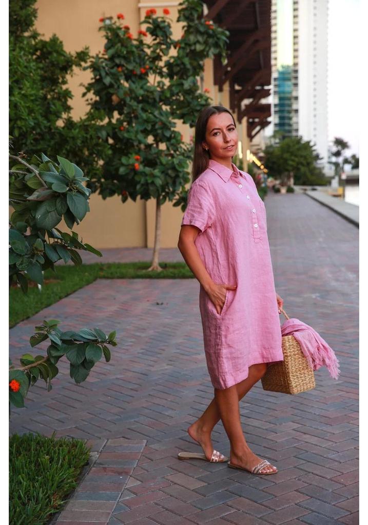 2022 European & American Style Cotton Linen Shirt Dress with Pockets and Buttons