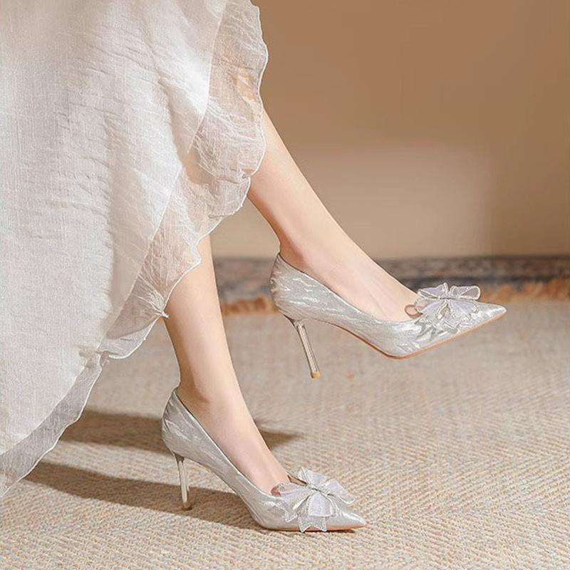 French wedding shoes women's 2025 new wedding dress bridal shoes golden high heels bow bridesmaids two wear crystal shoes