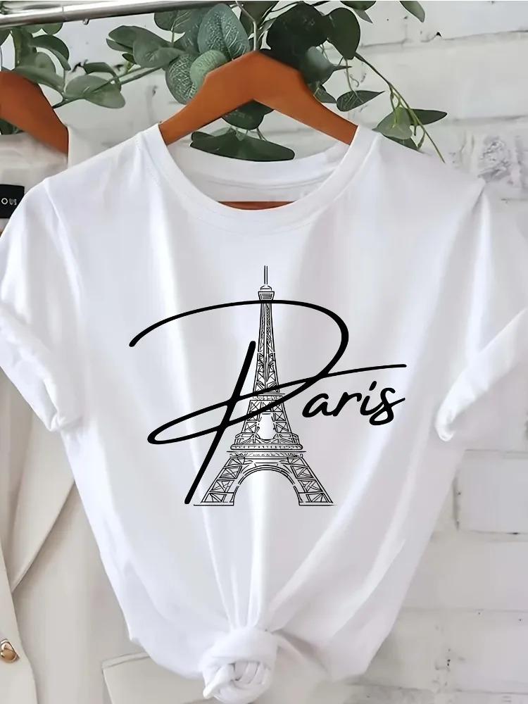 Paris Tower English Letter Print Pattern Women's Harajuku Short-Sleeve Oversized Y2K T-Shirt Casual Fashion Pure Cotton Apparel