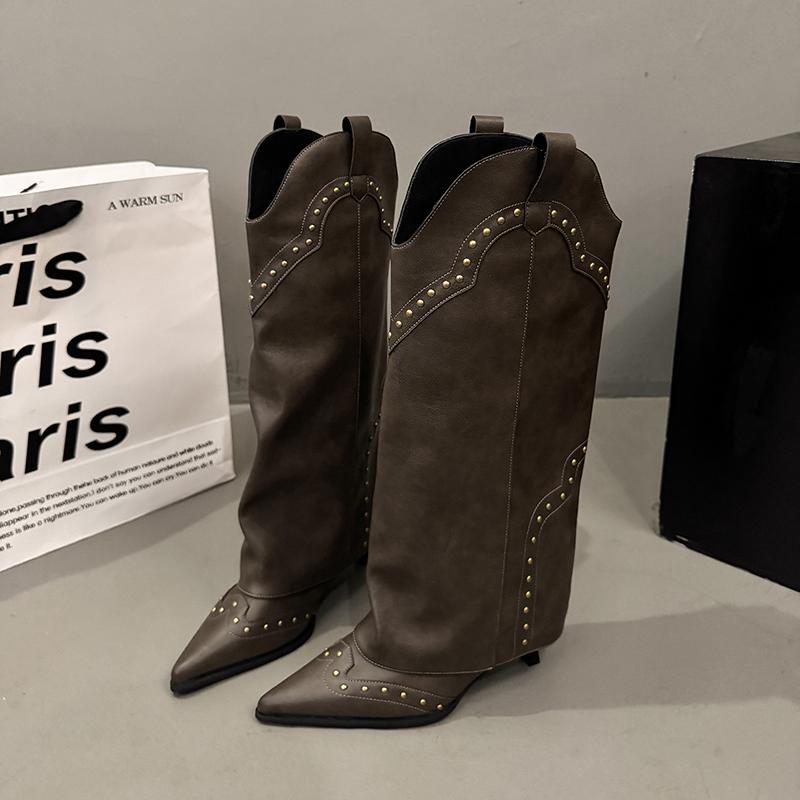 Woman Cowgirl Boots Slip on Ladies Elegant Square Heel Long Pipe Boots Shoes Retro Women's Winter Footwear