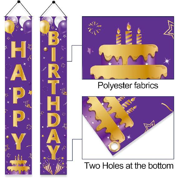 Purple Gold Happy Birthday Door Banner Decorations, Happy Birthday Porch Sign Party Supplies for Girls Women, 16th 21st 30th 40th 50th 60th Birthday