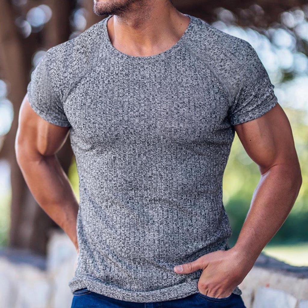 Men's Ribbed Knit Crew Neck T-shirt Slim Fit Raglan Short Sleeve Solid Color Gym Casual
