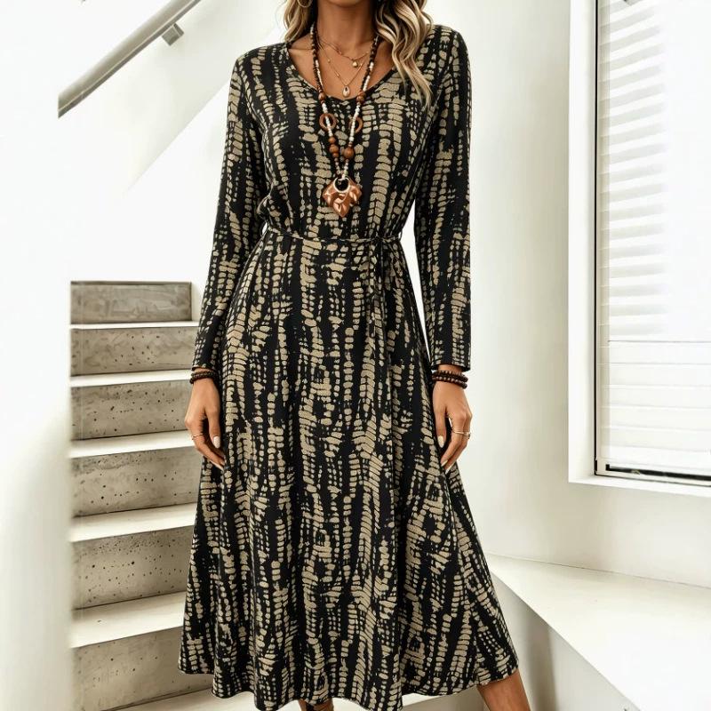 Spot European and American Popular Long-sleeved V-neck Dress