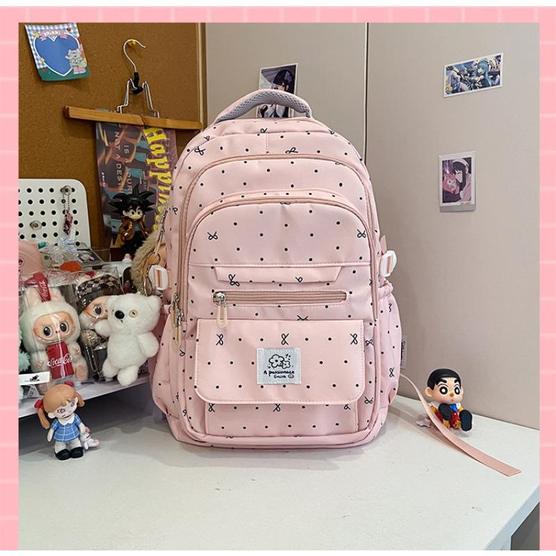 School Bag, Primary and Secondary School Students, Girls, Heart Polka Dots, Bows, All-match New High-value Backpack for Women