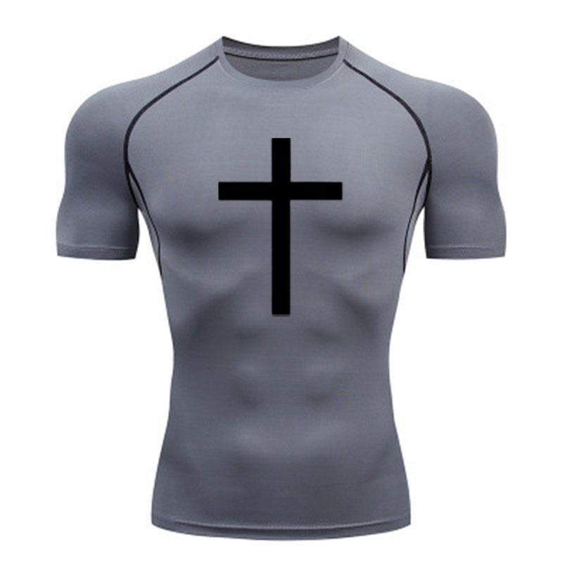 Men Compression Fitness Sports T-Shirt, Classic Black Cross