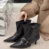 Fashion Pointed Toe Metal Buckle Strap Short Boots For Female Women Thin High Heel 2024 New Leather Fabric Elegant Sexy Winter Shoes