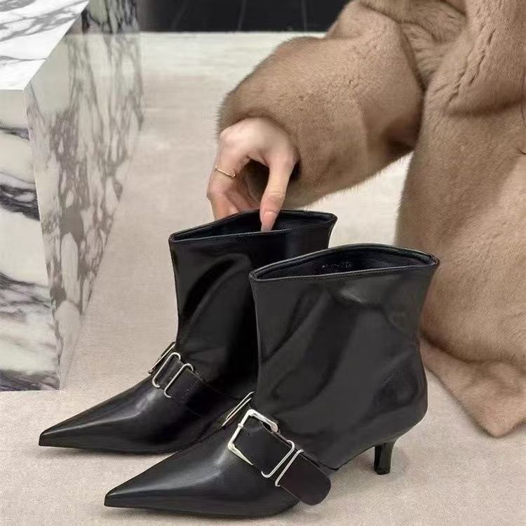 Fashion Pointed Toe Metal Buckle Strap Short Boots For Female Women Thin High Heel 2024 New Leather Fabric Elegant Sexy Winter Shoes