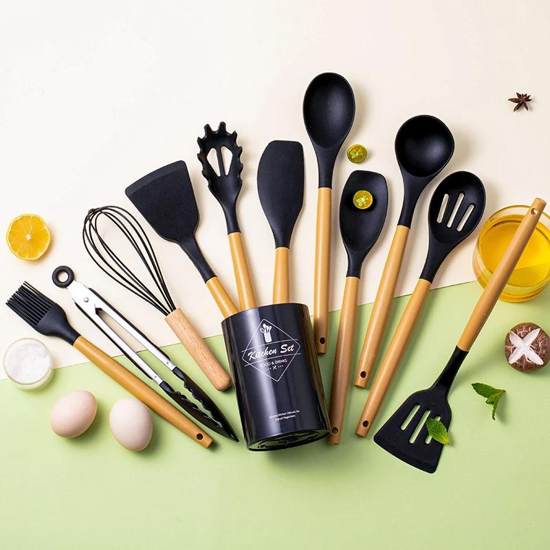 12Pcs Silicone Kitchen Cookware Utensils PP Handle Turner Food Grade Spatula Measuring Spoon Practical Cooking Tool Kitchenware
