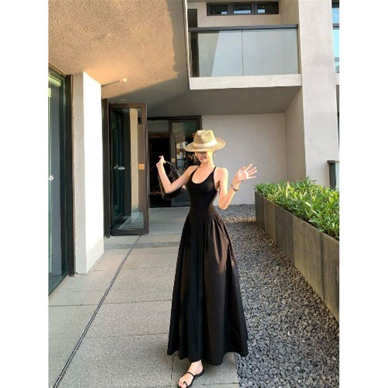 Kumikumi Pure Desire Style Black Patchwork Sling Dress Women Summer French Style Temperament Waist Hugging Large Swing Skirt Long Dress