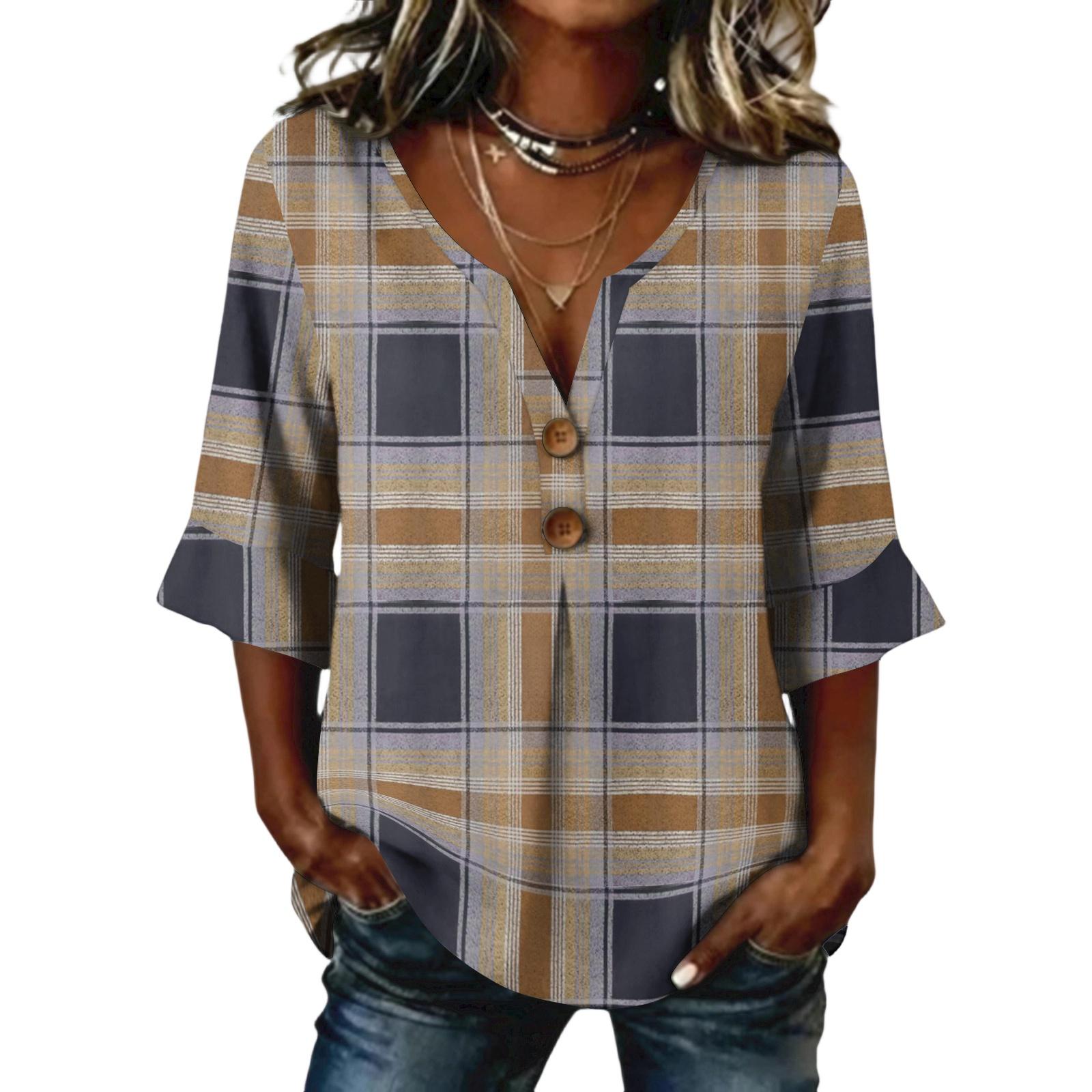 Ladies  plaid printed button casual V-neck fashionable seven quarter sleeve top L синий