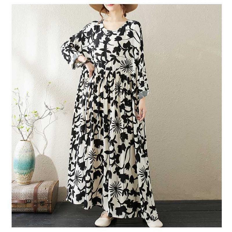 Round Neck Long Sleeve Loose Literary Vacation Style Dress