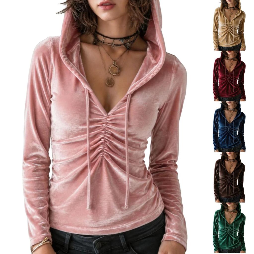 Women's Casual Hooded Long Sleeve Pleated Pullover Top