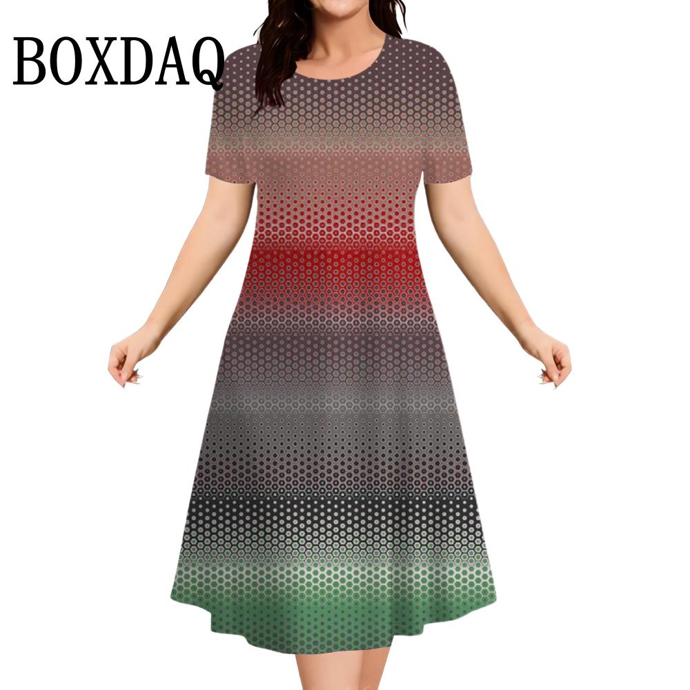 2026 Neue Damenkleider Sommer Mode Gestreift Gradient 3D Druckkleid Lässig Rundhals Kurzarm Locker Übergröße Kleid