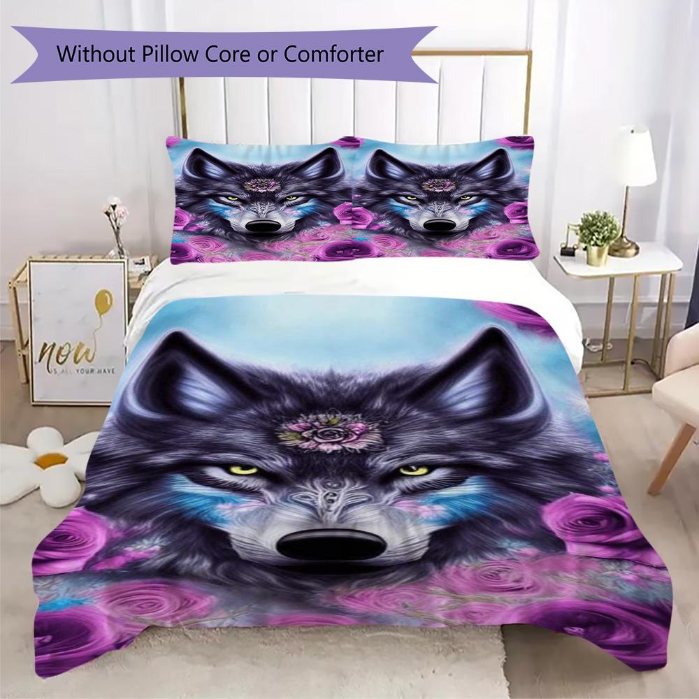 Blue Teddy Bear & Rose Print Bedding Set, Cute Bear Duvet Cover Set(1 * duvet cover + 2 * pillowcase, without core) 135x200cm