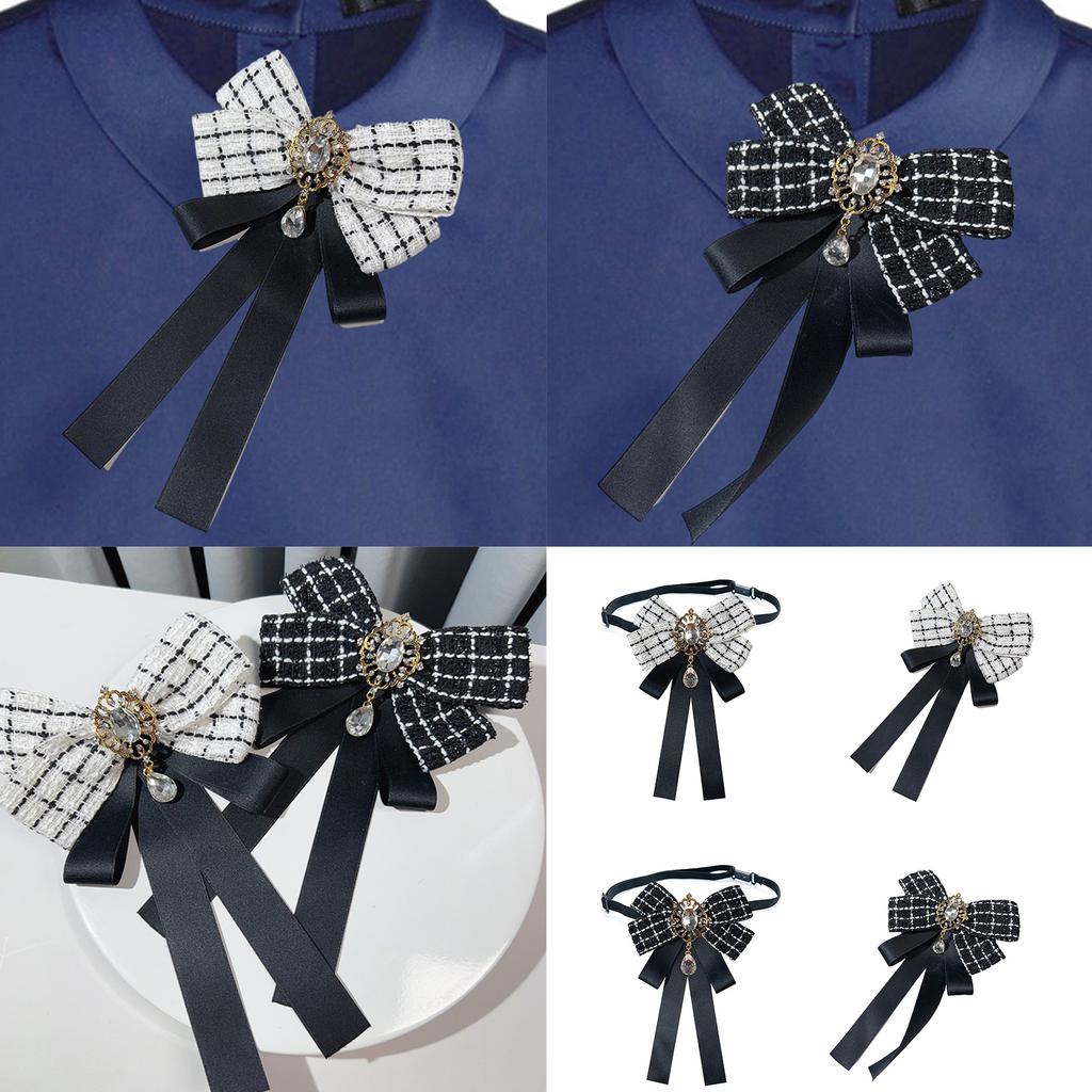 Elegant Rhinestones Plaids Ribbon Bowtie with Pin Pre Tied Adjustable Preppy Bowknot Necktie for Fashionable Women Ties