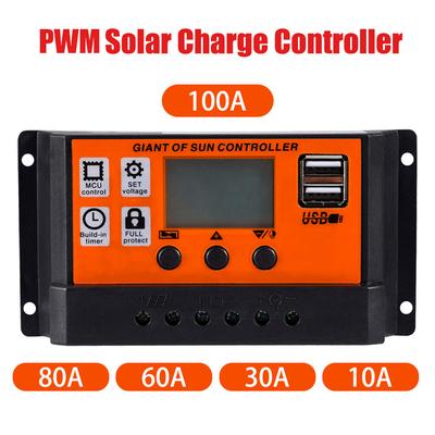 30A/60A/80A/100A PWM Controller de încărcare solară 5V Încărcător cu panou solar Balsam pentru baterie Panou solar pentru mașină Afișaj LED USB dublu